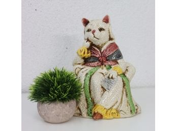 Thinking Seated Ceramic Cat Fugurine In Full Crackle Glaze