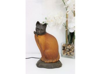 1996 Tin Chi Amber Art Glass Cat Lamp With Bronze Tone Head And Base
