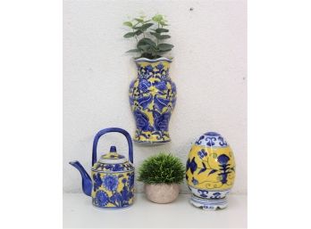 Yellow & Blue Decorative Porcelain Grouping - Teapot, Egg, And Wall Pocket Vase