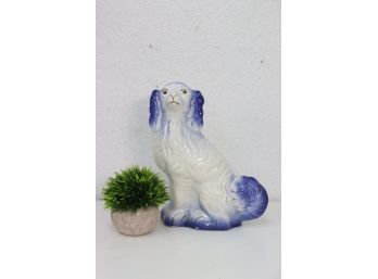 Porcelain White Spaniel Figurine - Blue Tail And Matching Ears