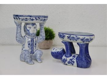 Pair Of Blue & White Monkey Pedestal Oval Bowls - Hands Up And All Fours