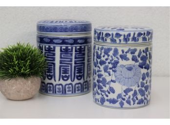 Pair Of Blue & White Porcelain Lidded Round Containers