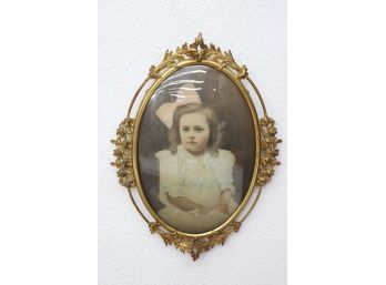 Vintage Rose And Acanthus Ringed Brass Toned Oval Frame With Color Touched Vintage Photo