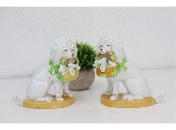 Toxic Adorability: Pair Of Porcelain Poodle Figurines - Each Holding A BASKET OF PUPPIES?!?!
