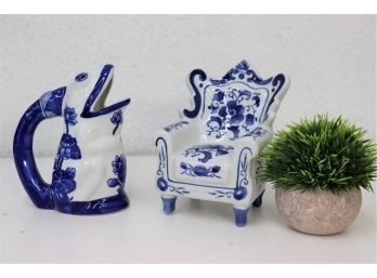 Nantucket Porcelain Blue & White Wing Back Chair And Decorative Gaping Toad Figuirine