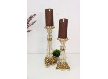Pair Of Decorative Gold And Ivory Candlestick Holders