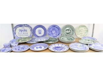 Shelf Lot Of Blue & White And Green & White Collectible Plates