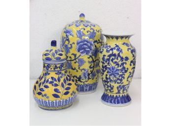 Lovely Collection Of Bleu Jaune Chinese Lidded Jars And A Vase