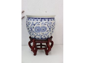 Chinese Blue & White Cachepot Planter On Wood Stand