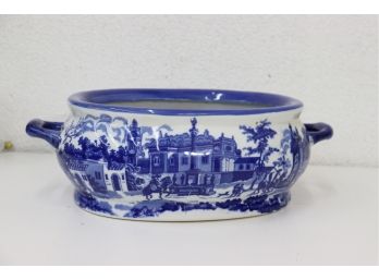 Ironstone Victoria Ware Flow Blue Oval Cachepot With Inner Scene #2