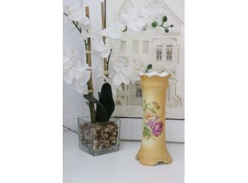 Lovely Crown Rim Column Vase With Painted Flowers