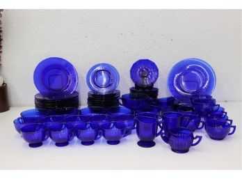 Plates &  Footed Teacups: Copious Group Lot Of Cobalt Blue Glass - Varied Sizes And Forms