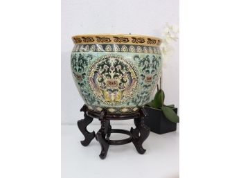 Elaborate And Beautiful Painted Porcelain Koi Fish And Flower Bowl On Carved Wood Stand