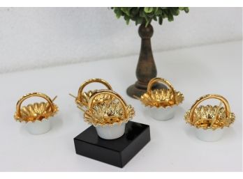 Four Limoges Gold On White Basket Salt Cellars With Spoons