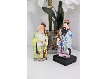 Pair Of Painted Porcelain Asian Elders Figurines