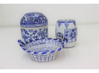 Pierced And Reticulated Blue & White Porcelain Jar And Basket Group