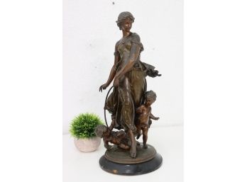 Woman And Cherub Scamps - Reproduction Cast Metal Statuette, Signed Dumaige