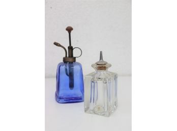 Vintage Blue Glass Atomizer And Clear Aromatic Bitters Bottle