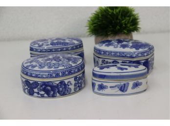 Four Decorative Blue & White Porcelain Lidded Boxes