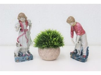 Pair Of Figurines: Girl With Kitten And Boy With Dog
