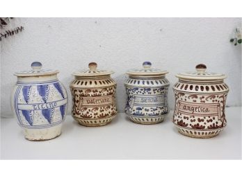 Group Of Four (4) Painted And Labelled Earthenware Apothacary Jars