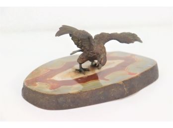 Bronze Tone Wild Bird On Polished Oxblood Agate Geode Slice