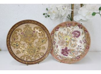 Pair Of Oriental Accent Floral And Botanic Decorative Plates