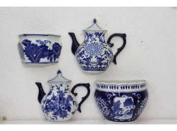 Blue, White, & Cute: Hanging Wall Pocket Vases In Form Of A Tea Set