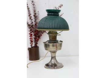 Green & White Ribbed Cap Shade On Table Lamp Stylized As Old Oil Lamp