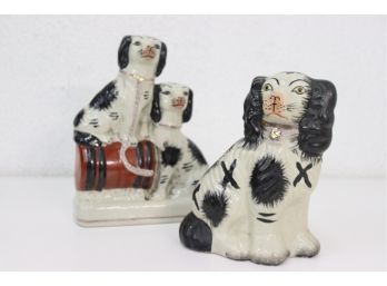 Staffordshire Style Double X Black & White Spaniel And Whiskey Barrel Twins