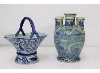 Two Asian Blue & White Porcelain Vessels: Seven Arm Tulipiere Vase & Fish Decorated Flower Basket