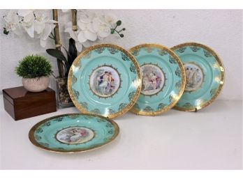 Four Gold Edge & Blue Rim Porcelain Plates - Pastoral Scenes JKW Fine Porcelain Western Germany