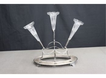 Epergne Centerpiece With Three Etched Glass Floral Flutes