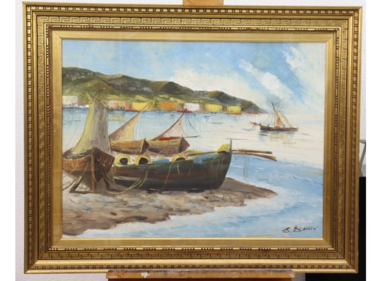 Sailing Vessels At Ebb Tide Oil On Canvas - Signed And Framed
