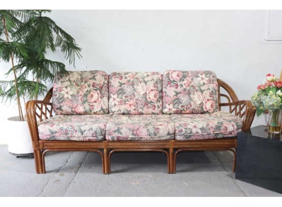 Vintage Rattan & Bamboo Sofa With Floral Upholstery