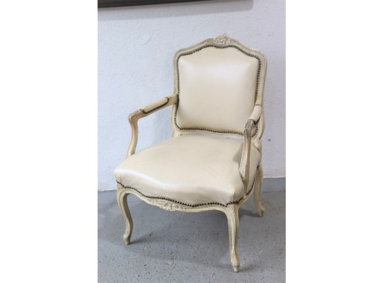 Lovely Distressed French Provincial Style Arm Chair White Leather