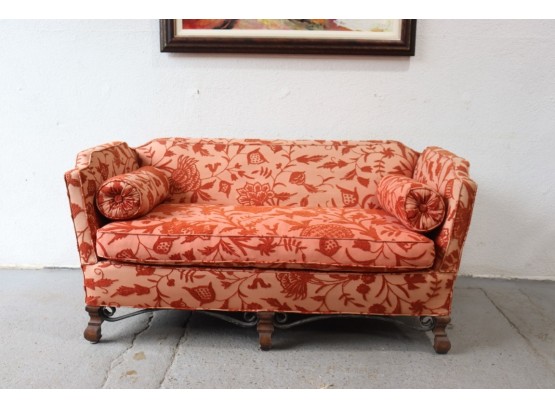 Fabtastic Loveseat In  Bold Salmon Rose Damask Fabric On Single Long Cushion, Iron And Wood  Base