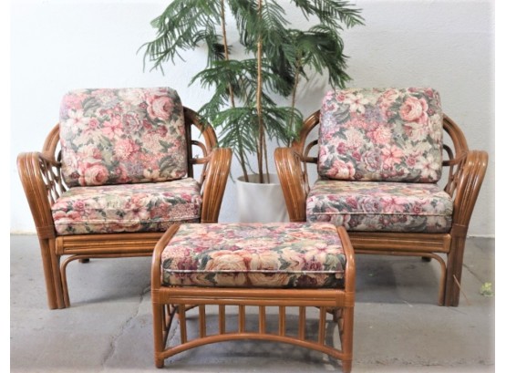 Two And One: Two Vintage Rattan & Bamboo Chairs With Floral Upholstery & One Matching Ottoman