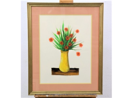 Yellow Vase With Orange Flowers - Gouache On Paper - Signed Paillard