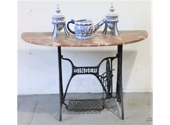 Steampunk Chic: Marble Demi-Lune Console Table On Antique Cast Iron Singer Treadle Base