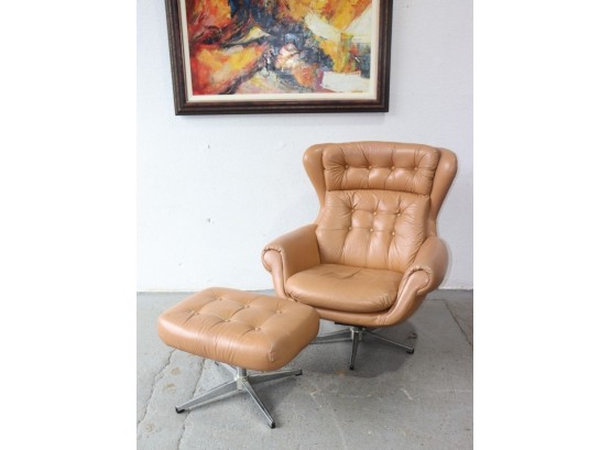 Tufted Leather MCM Style Wing(ish)/lounge Chair And Ottoman - Stainless Steel Star Bases