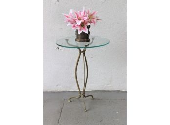 Round Glass Top Side Table With Art Nouveau Inspired Tripod Brass Base