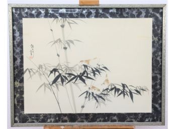 Birds And Bamboo Japanese Woodblock Print, Framed And Signed