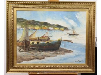 Sailing Vessels At Ebb Tide Oil On Canvas - Signed And Framed
