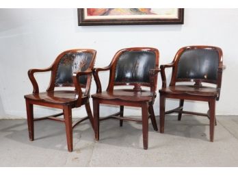 Trio Of Vintage Mahogany Banker's (or Barrister, Jury...) Armchairs With Old Black Leather And Nailhead Trim