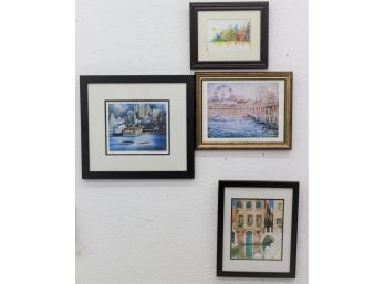 Group Lot Of Framed Cityscapes And Water Views - Three Prints (two Signed) And A  Venice Canal Photograph