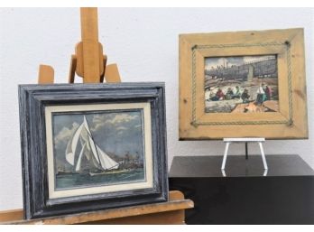 Two 70s Vintage Cultured Ivory Double Etched Hand-painted Engravings -  Keep Astern & Boat Builder Generations