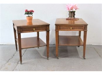 Pair Of MCM Bi-level Side Tables With Rattan-front Drawers And Tiny Casters