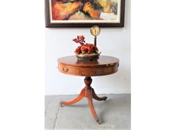 Victorian Style Drum Table With Fine Parquetry And Caster Claw Feet , Some Verner Loss.