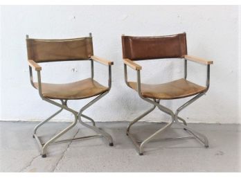 Pair Of Mid-Century Modern Milo Baughman Style Chrome Directors Chairs
